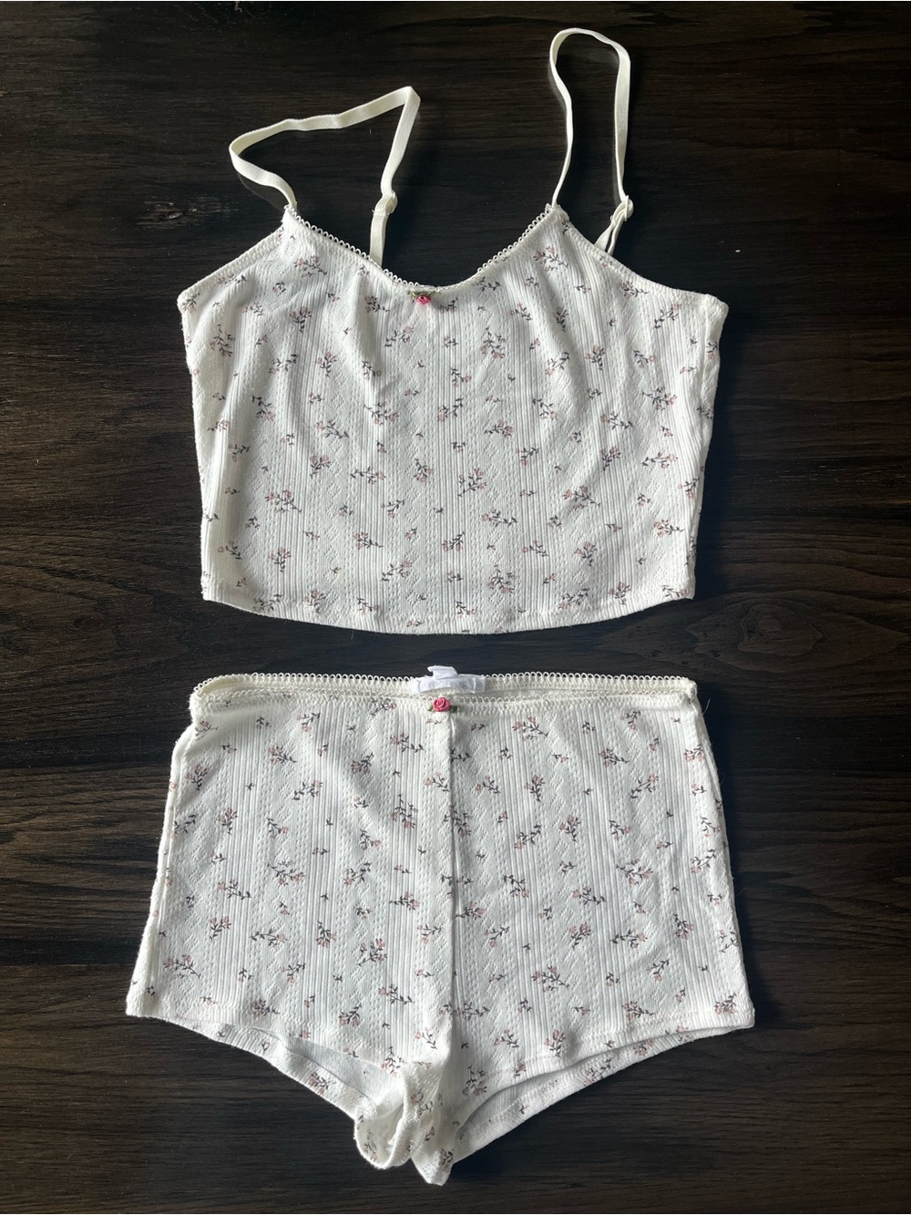 Garage White Ribbed Floral Cami & Short Sleep Set with Pink Accents